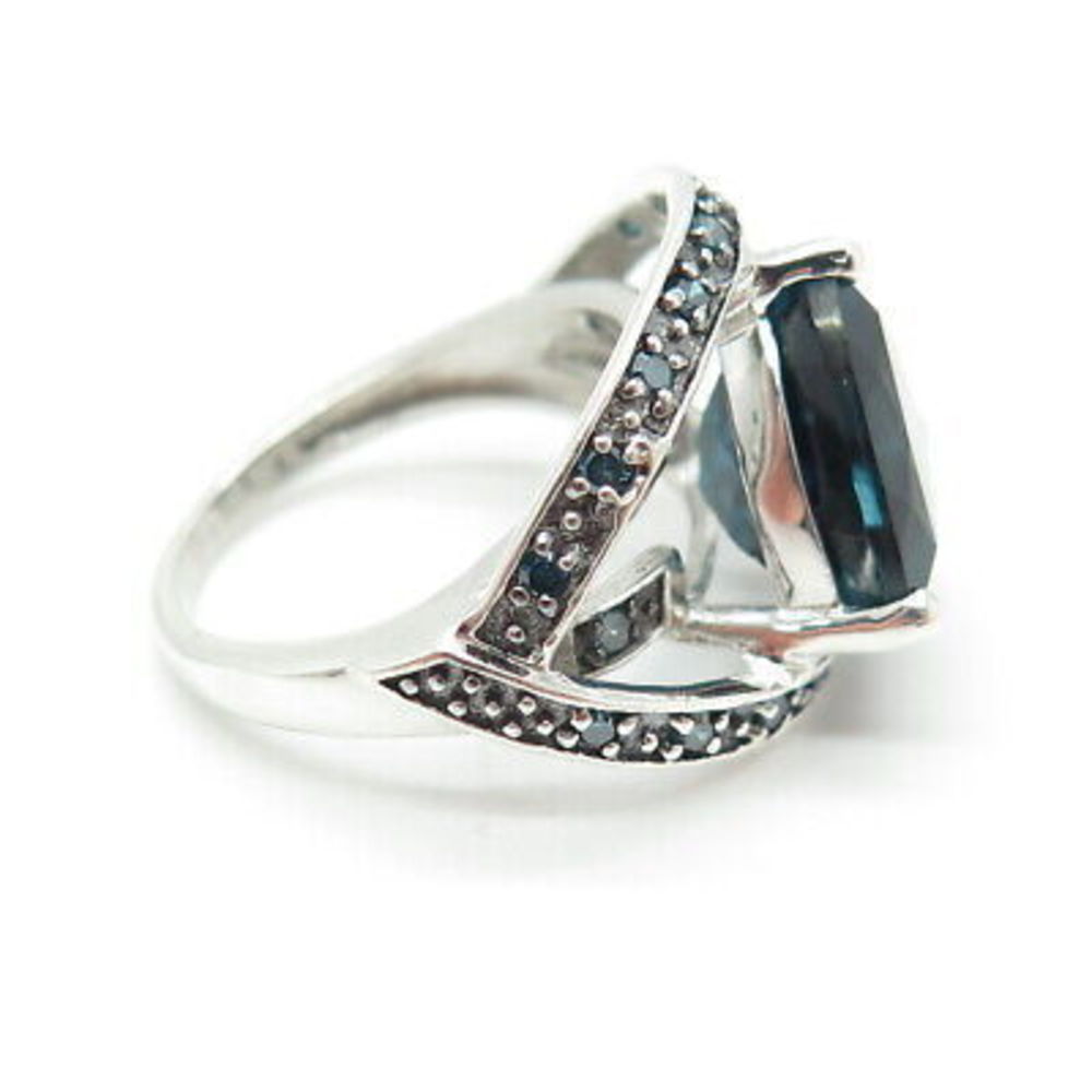 925 Sterling Silver Real Round-Cut Blue Diamond & London Blue Topaz Ring Size 6 - Picture 6 of 8